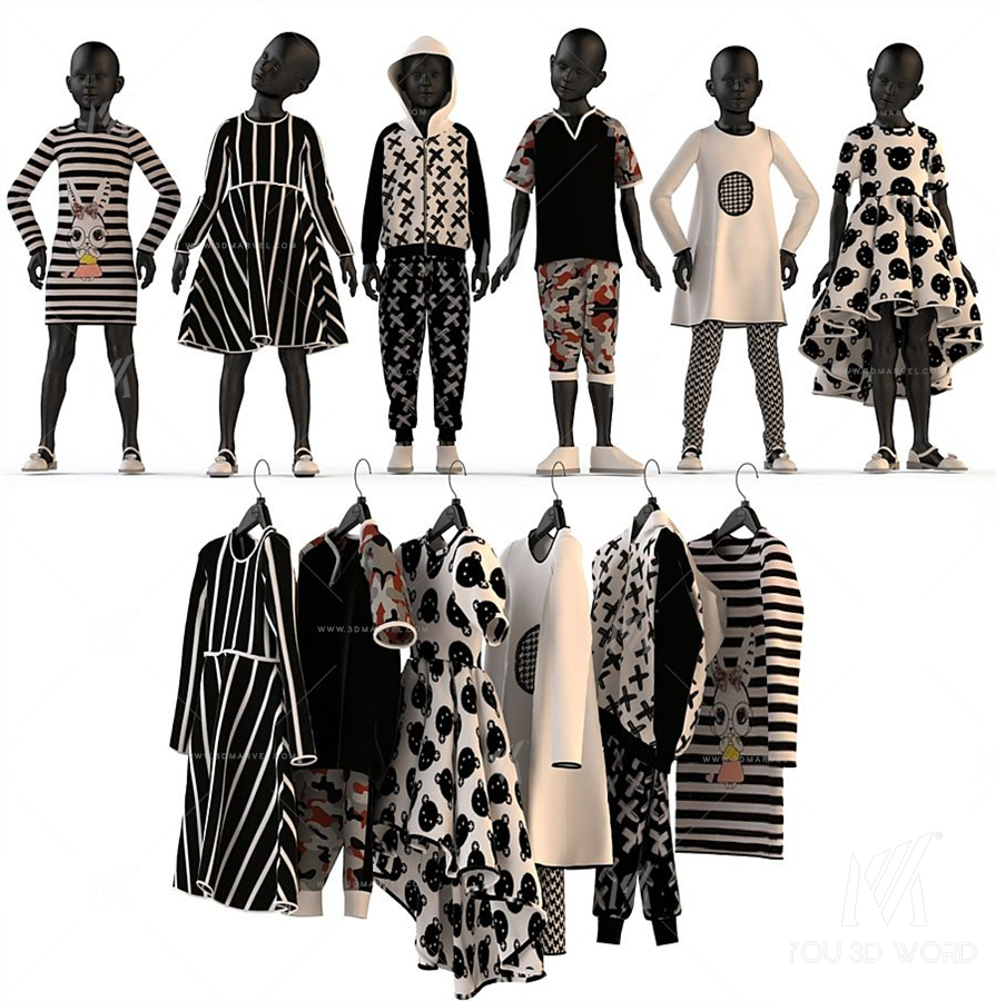 Children's clothing on mannequins and hangers